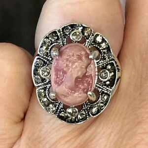 Pink Jeweled Vintage Style Cameo Lady Portrait Crystal Silver Ring